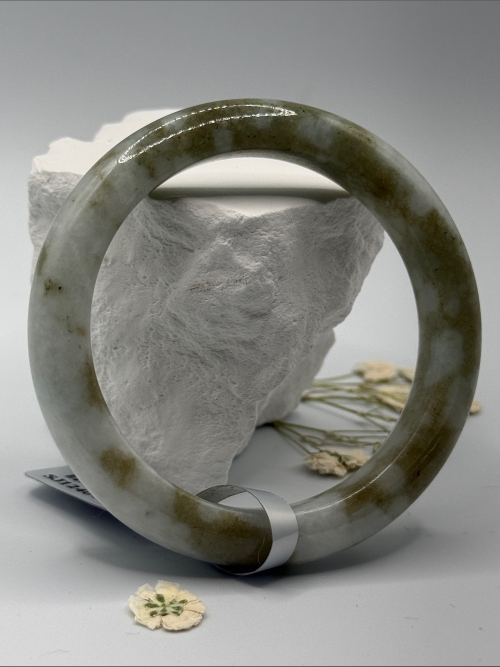 Unique Olive Green and White Jade Bangle Bracelet